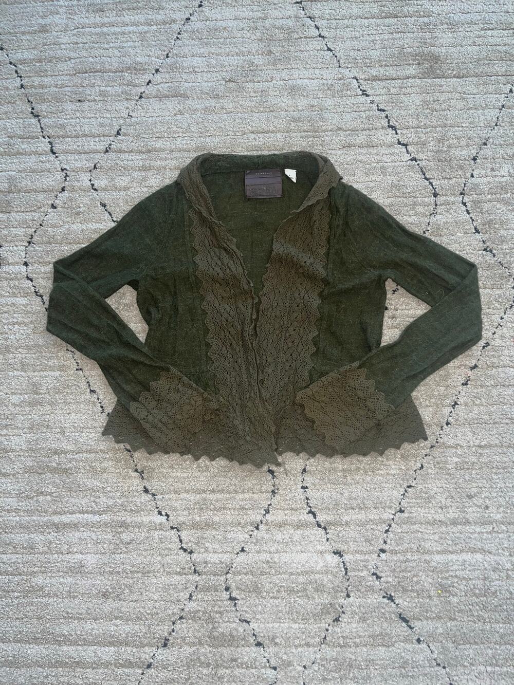 Anthropologie Guinevere Crochet Lace Trim Knit Cardigan Moss Green Size S